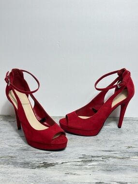 Marc Fisher Red Sexy Suede Peep-Toe Ankle-Strap Heels Women's size 8M Stilettos